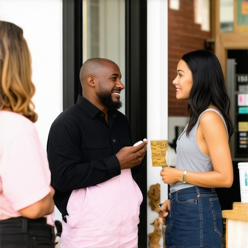 Business owner interacting with customers outside storefront in Cleveland.