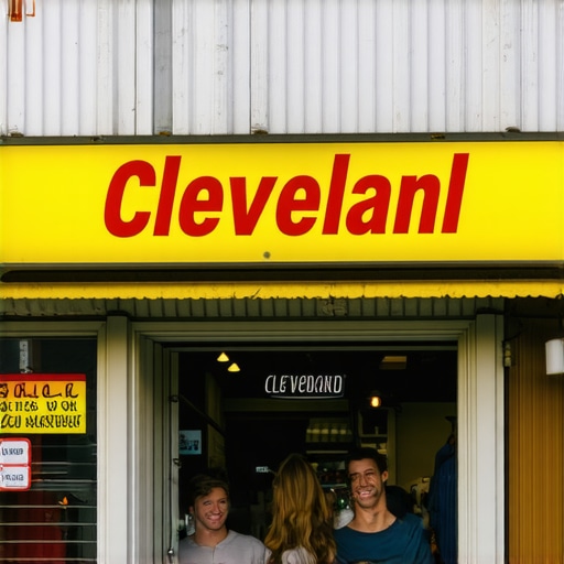 A lively Cleveland storefront with smiling customers and colorful signage.
