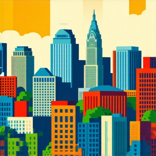 Cleveland cityscape with icons representing local businesses and SEO elements