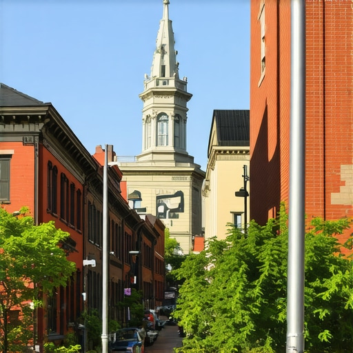 Vibrant Cleveland Neighborhood Scene Colorful Cleveland neighborhood with landmarks and community gathering