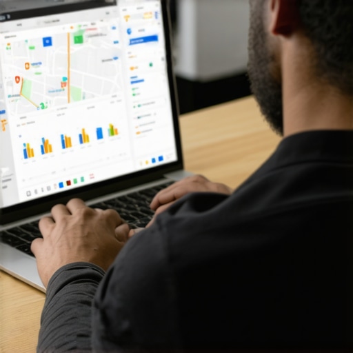 Business owner analyzing local SEO data on a laptop with Cleveland landmarks in the background.