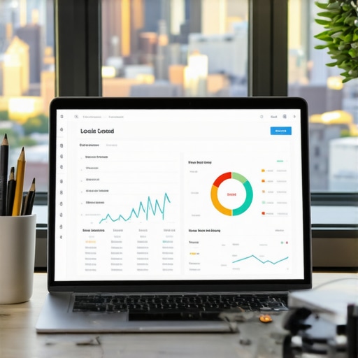 Laptop showing local SEO dashboards with Cleveland skyline behind