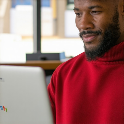 Business owner editing Google My Business profile on laptop inside Cleveland shop