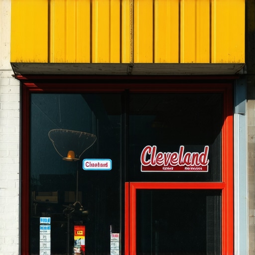 Vibrant Cleveland storefront with local neighborhood in background