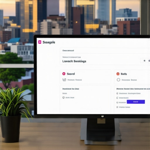 A workspace setup with SEO software on a computer monitor, Cleveland cityscape in the background, illustrating local business optimization.