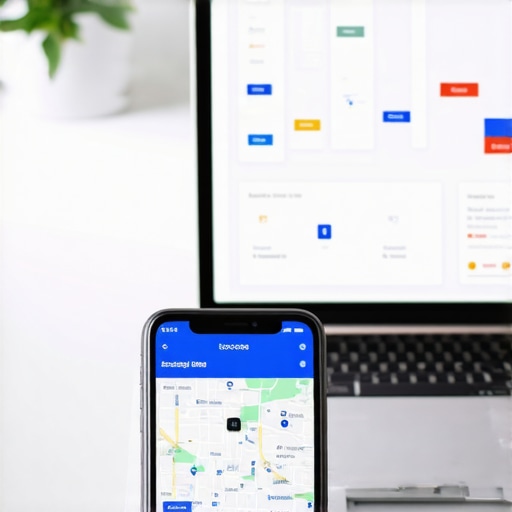 Laptop screen with local search rankings and Cleveland map on smartphone