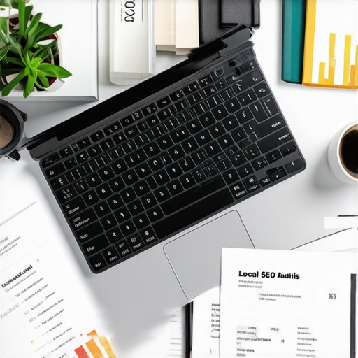 Desk setup with laptop showing local SEO analytics and citation management tools.
