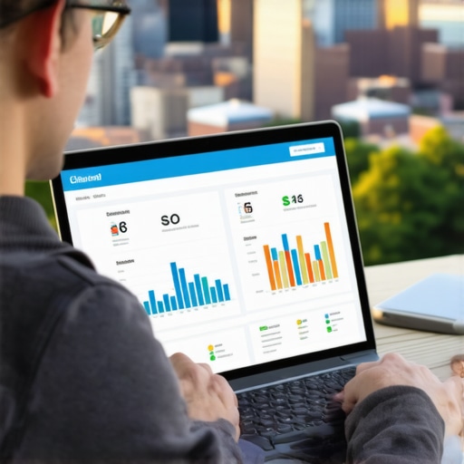 Person reviewing local SEO metrics on a laptop with Cleveland skyline visible.