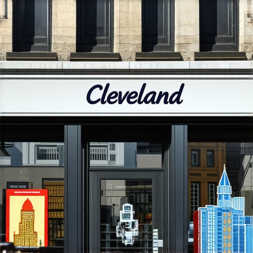 A vibrant Cleveland storefront with Lake Erie in the background and downtown skyline