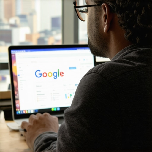 Business owner editing Google My Business dashboard with Cleveland cityscape behind.