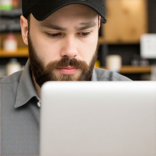 Business owner updating GMB profile on laptop in Cleveland storefront.