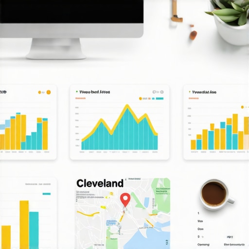 Workspace with SEO and mapping tools analyzing Cleveland local search data.