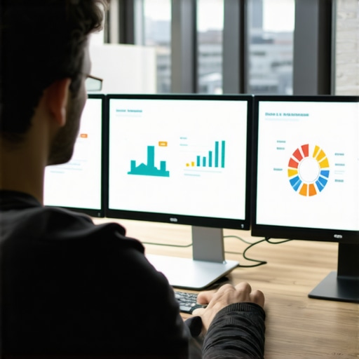 A marketer reviewing Cleveland-specific SEO performance metrics on monitors.