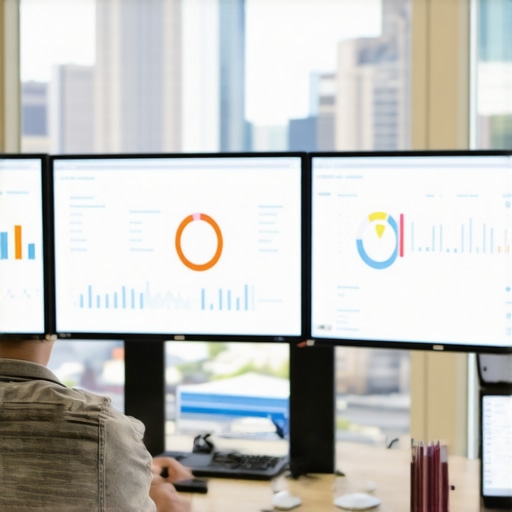 Digital marketing expert reviewing SEO analytics on multiple screens with Cleveland skyline in background