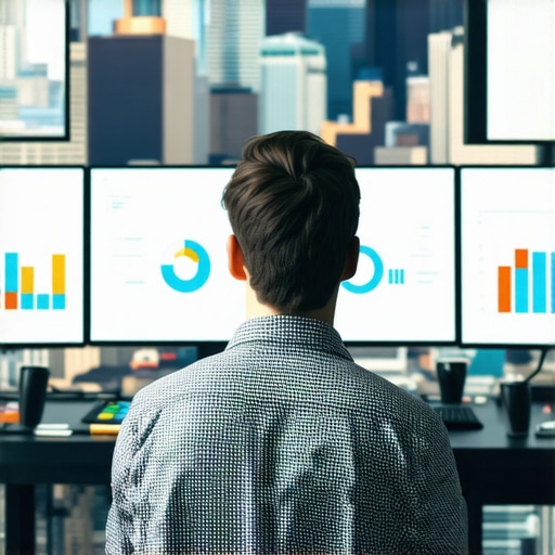 SEO expert monitoring Cleveland local search rankings on multiple devices, highlighting importance of analytics and structured data, Cleveland skyline in background