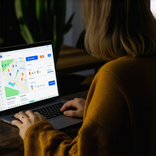A person analyzing local SEO data on a laptop, with maps and graphs displayed